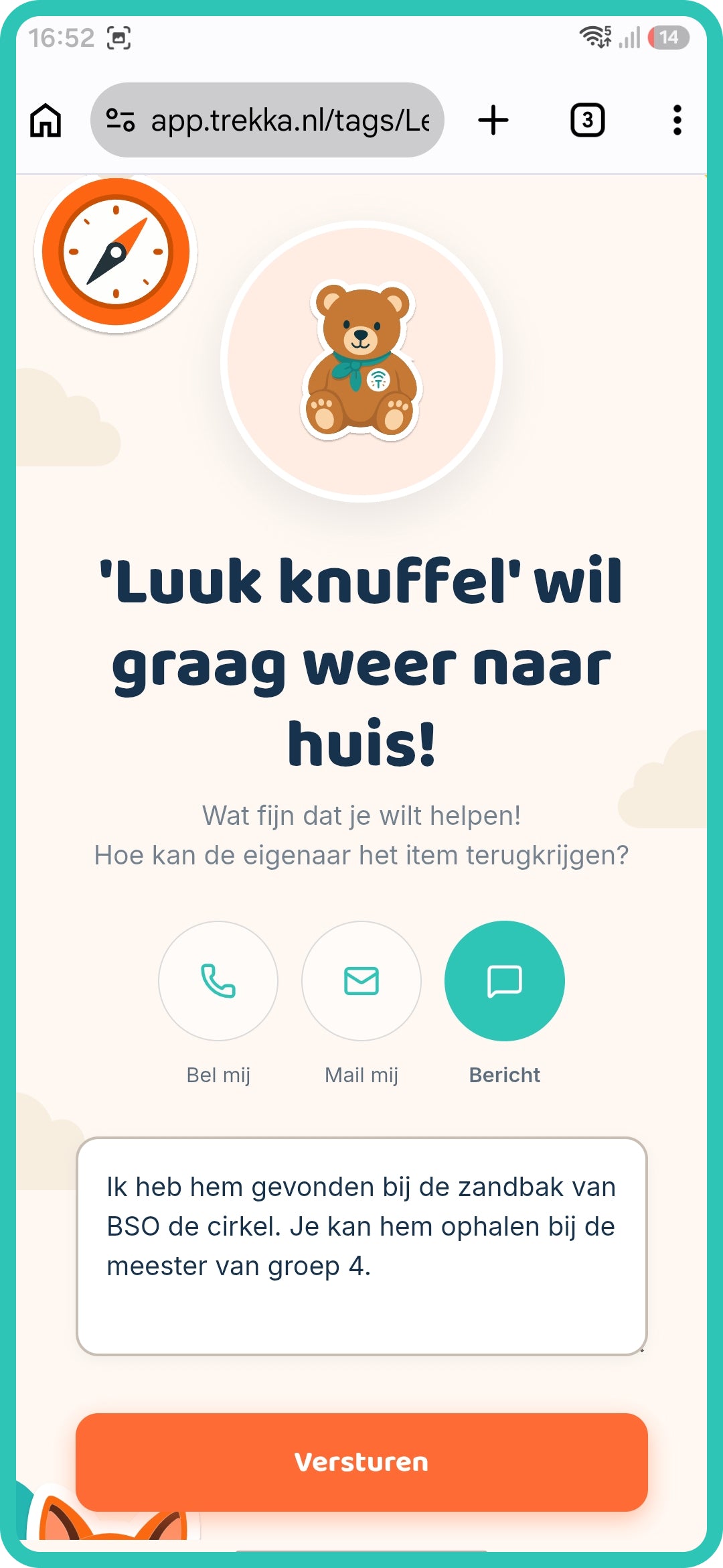 Scherm waarop een vinder kiest hoe die wil helpen