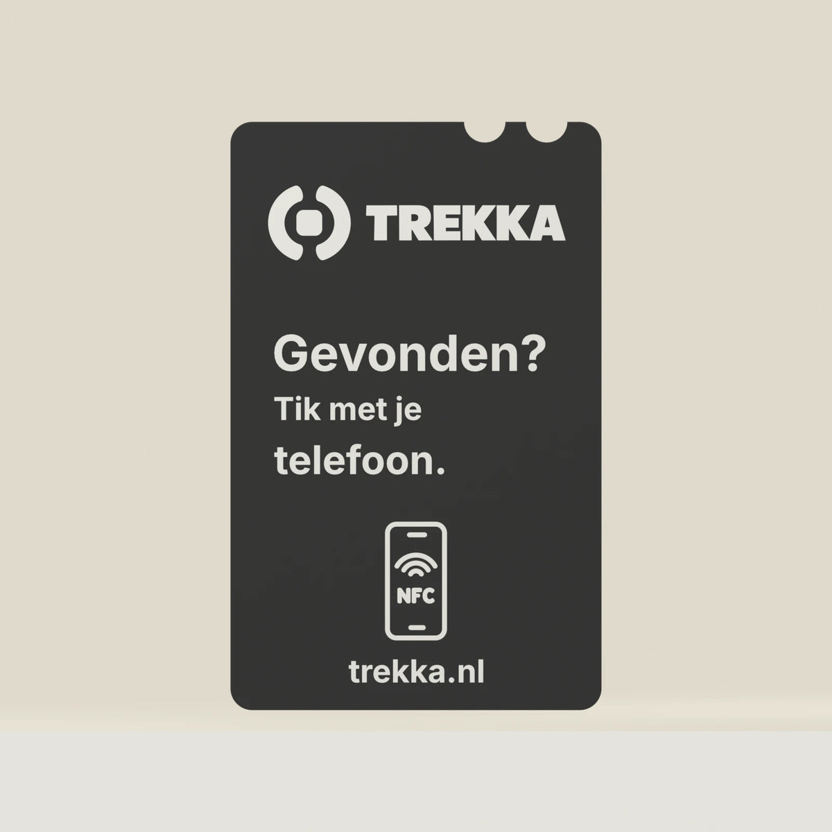 Voorzijde Trekka Portemonneepas met witte NFC-vindersinstructie